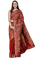 Tandori-Spice Baluchari Sari from Bengal with Hand-woven Ramayana Episodes on Anchal