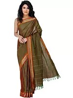Kanji-Cotton Saree from Chennai with Zari-Woven Animals on Border and Pin-Stripes