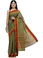 Olive-green Venkatagiri Sari from Chennai with Woven Border and Pin-stripes