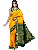 Bright-Marigold Brocaded Kanjivaram Sari from Chennai with Intricate Weave on Pallu