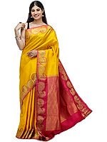 Amber-Yellow Brocaded Silk Sari from Chennai with Peacocks on Border and Bootis in Self