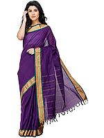 Imperial-Purple Kanji-Cotton Sari from Chennai with Zari-Woven Border and Tassels