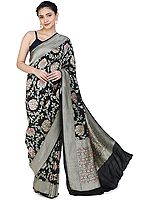 Black-Beauty Handloom Banarasi Sari with Brocaded Floral Motifs All-over and Heavy Pallu