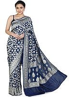 Medieval-Blue Banarasi Handloom Sari with Heavily Brocaded Patterns  All-over and Floral Pallu