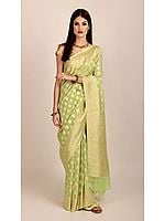 Elegant Pure Chiffon Green-Glow Banarasi Saree (Unstitched Blouse). Handloom Zari Woven | Handmade | Made in India