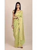 Pure Chiffon Green-Glow Banarasi Saree with Unstitched Blouse | Handloom Zari Woven