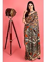 Tri-Coloured Hand-Painted Kalamkari Chiffon Sari from Telangana