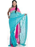 Turquoise and Magenta Mumtaz Sari with All-Over Sequins Embroidered as Flowers