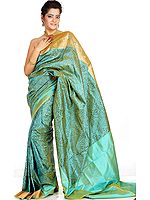 Waterfall-Green Banarasi Sari with Hand-woven Paisleys