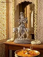 Superfine Murli Manohar Krishna with Cow | Silver Plated Brass Statue