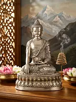 8" Lord Buddha Seated in Earth-Touching Gesture | Silver Plated Brass Statue