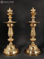 16" Superfine Pair of Lamps (Lord Ganesha and Goddess Lakshmi On Top of Lamp)