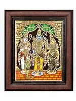 Lord Rama with Mata Sita, Lakshman Ji and Hanuman Ji - Framed Tanjore Painting
