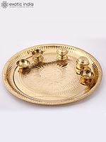 Brass Puja Thali with Haldi and Kumkum Bowl, Incense Stand and Diya