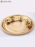 Brass Puja Thali with Haldi and Kumkum Bowl, Incense Stand and Diya