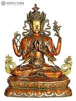 27" Large Size Four-Armed Avalokiteshvara Brass Sculpture | Tibetan Buddhist Deity Idol