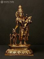 10" Brass Goddess Parvati with Her Sons Ganesha and Karttikeya | Handmade