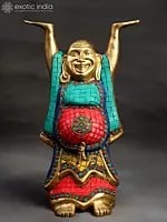 13" Tibetan Buddhist Laughing Buddha Brass Statue | Symbol of Joy & Prosperity