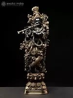 29" Tribhanga Murari (Krishna) Brass Sculpture | Handmade with Golden Vine Detailing