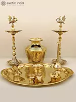 Complete Brass Puja Set with Nirai Kudam and Lamps