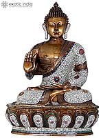 45" Large Inlay Brass Buddha Statue Seated on Lotus | Indian Handcrafted Idol