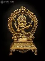 13" Brass Saraswati Statue Seated on a High Plinth | Handmade Spiritual Home Accent