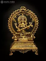 13" Brass Saraswati Statue Seated on a High Plinth | Handmade Spiritual Home Decor