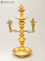 17" Ganesha-Lakshmi-Saraswati Lamp with A Sturdy, Engraved Stem | Handmade Brass Ritual Items
