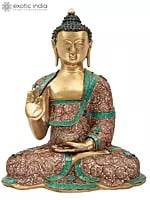 15" Blessing Buddha Brass Statue with Inlay Work | Indian Handcrafted Idol