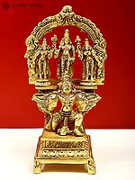 6" Small Brass Garuda Kneeling with Vishnu,Shridevi, Bhudevi