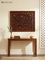 28" Walnut Wood Carved Tree with Peacocks | Wall Panel From Kashmir