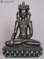 12" Superfine Black Stone Crowned Buddha Idol with Multi Gemstone