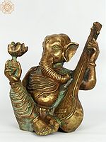 14" Lord Ganesha Playing Sitar | Original Bronze Sculpture