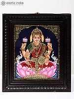 Goddess Lakshmi Seated on Lotus Tanjore Painting | Traditional Colors With 24K Gold | Teakwood Frame