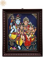 Lord Shiva Family Tanjore Painting | Traditional Colors With 24K Gold | Teakwood Frame | Gold & Wood