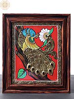 Peacock with Beautiful Tail Tanjore Painting with Wooden Frame