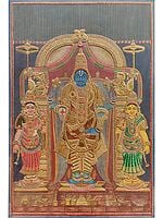Standing Lord Vishnu with Sridevi and Bhudevi | Without Frame Tanjore Painting