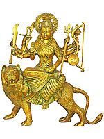 11" Brass Mother Goddess Durga Statue Seated on Her Lion