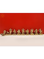 4" Small Brass Navagraha - Nine Planetary Gods (From the left Surya, Chandra, Mangal, Budha, Brihaspati, Shukra, Shani, Rahu and Ketu)
