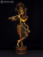 45" Superfine Lord Krishna Brass Sculpture with Swaying Necklace of Flowers