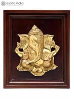 12" Blessing Lord Ganesha | Wood Framed Brass Sculpture | Wall Hanging