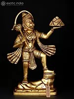 10" Standing Lord Hanuman Holding Mountain of Sanjivani Herbs | Brass Statue