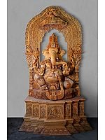 126" Super Large Chaturbhuja Lord Ganesha Seated on Kirtimukha Throne | Wood Carved Statue | Shipped by Sea