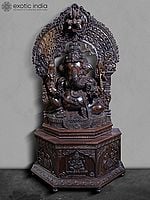 62" Large Four Armed Lord Ganesha Seated on Kirtimukha Throne | Rosewood Statue