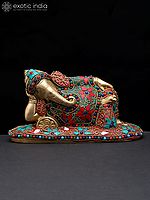 8" Relaxing Lord Ganesha | Brass Statue with Inlay Work