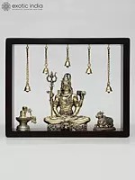 12" Superfine Sitting Lord Shiva with Nandi and Shivalinga | Wood Framed Brass Sculptures | Wall Hanging