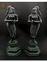12" Pair of Deepalakshmis with Parrots Perched Upon The Shoulder | Handmade Brass Statue