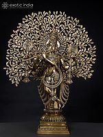 37" Large Brass Lord Krishna Playing Flute Under a Tree