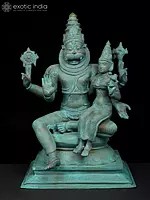 13" Sitting Lord Narasimha with Goddess Lakshmi | Madhuchista Vidhana (Lost-Wax) | Panchaloha Bronze from Swamimalai