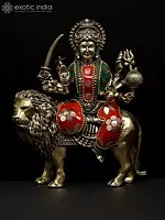 6" Small Superfine Goddess Durga (Sherawali Maa) | Brass Statue with Inlay Work